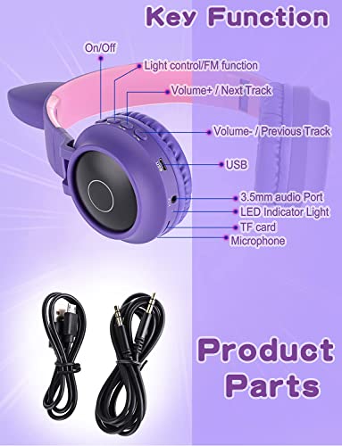 Usoun Kids Wireless Headphones,Cat Ear LED Light Up Wireless Foldable Headphones Over Ear with MIC,Stereo Sound,FM Radio/TF Card,Childrens Headset for Boys Girls Adults,School Study Home (Purple)