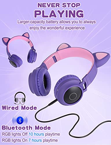 Usoun Kids Wireless Headphones,Cat Ear LED Light Up Wireless Foldable Headphones Over Ear with MIC,Stereo Sound,FM Radio/TF Card,Childrens Headset for Boys Girls Adults,School Study Home (Purple)