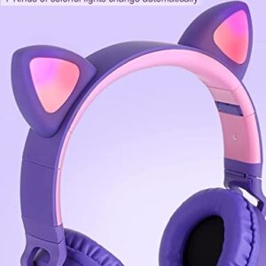 Usoun Kids Wireless Headphones,Cat Ear LED Light Up Wireless Foldable Headphones Over Ear with MIC,Stereo Sound,FM Radio/TF Card,Childrens Headset for Boys Girls Adults,School Study Home (Purple)