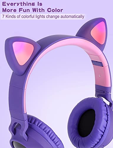 Usoun Kids Wireless Headphones,Cat Ear LED Light Up Wireless Foldable Headphones Over Ear with MIC,Stereo Sound,FM Radio/TF Card,Childrens Headset for Boys Girls Adults,School Study Home (Purple)