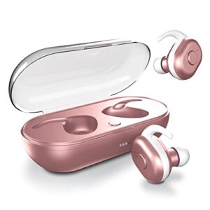 iworld elevate true wireless earbuds with charging case, bluetooth in-ear headphones with built-in microphone and touch control, universally compatible headset for android, iphone and pc (rose gold)