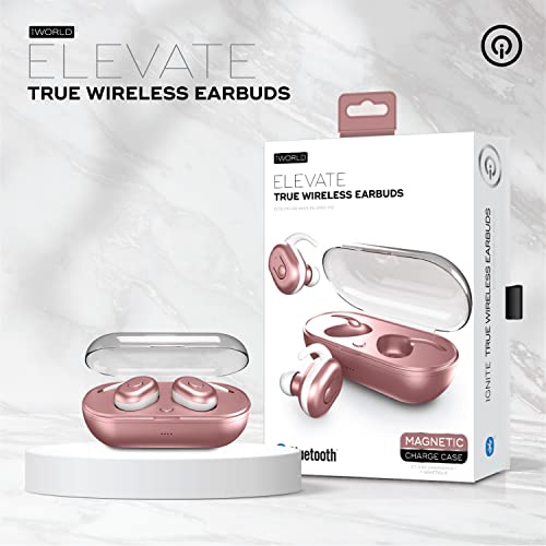 iWorld Elevate True Wireless Earbuds with Charging Case, Bluetooth in-Ear Headphones with Built-in Microphone and Touch Control, Universally Compatible Headset for Android, iPhone and PC (Rose Gold)