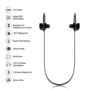 Bluetooth Headphones, Hussar Magicbuds Best Wireless Sports Earphones with Mic, IPX7 Waterproof, HD Sound with Bass, Noise Cancelling, Secure Fit, up to 9 Hours Working time (Upgraded)