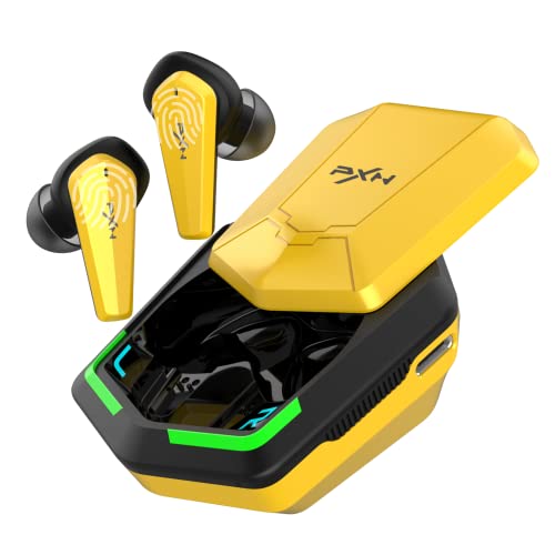 True Wireless Earbuds with Microphones, PXN S2 In-Ear Headphones, Sound Stereo Earbuds, Low-latency Gaming Earphones Built-in Dual Microphone, Includes Compact Charging Case & 3 Pairs Ear Tips -Yellow