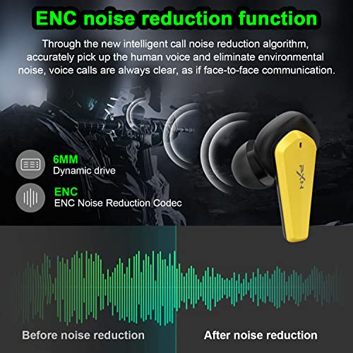 True Wireless Earbuds with Microphones, PXN S2 In-Ear Headphones, Sound Stereo Earbuds, Low-latency Gaming Earphones Built-in Dual Microphone, Includes Compact Charging Case & 3 Pairs Ear Tips -Yellow