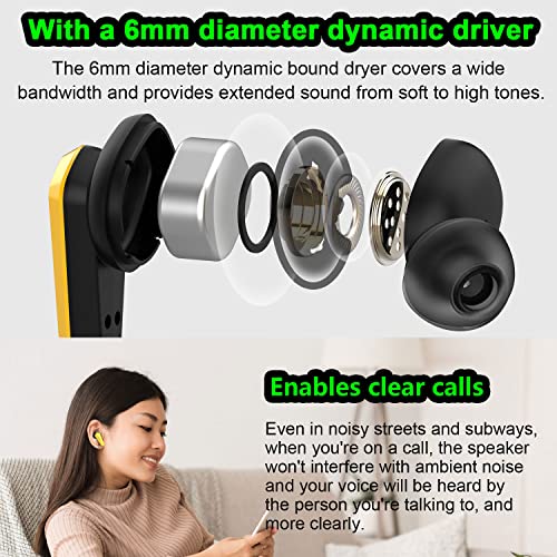 True Wireless Earbuds with Microphones, PXN S2 In-Ear Headphones, Sound Stereo Earbuds, Low-latency Gaming Earphones Built-in Dual Microphone, Includes Compact Charging Case & 3 Pairs Ear Tips -Yellow