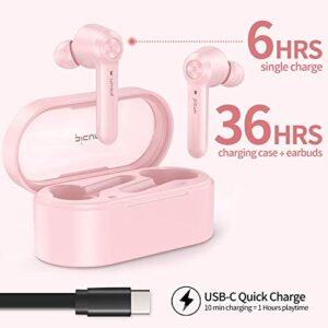 Picun True Wireless Earbuds 36 Hours Playtime, Bluetooth V5.0 Headphones, HiFi Immersive Bass in-Ear Headsets IPX8 Waterproof Sports Earphones w/HD Mic, Touch Control, USB-C, Fit for Women Girl Pink