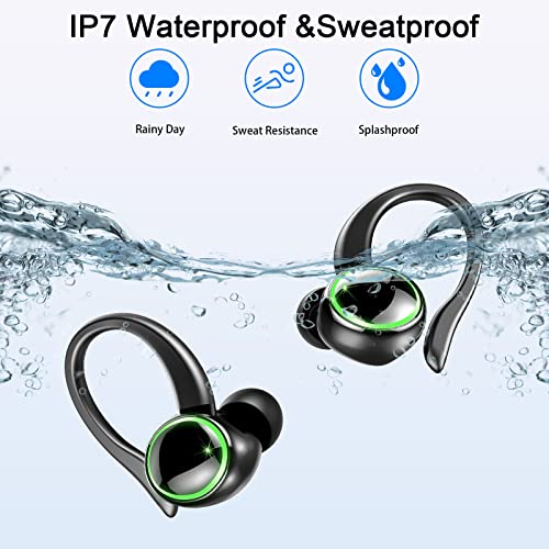 Wireless Earbuds, Bluetooth 5.3 Headphones Stereo Bass, 48H Playtime Earphones with LED Power Display, Over-Ear Buds with Earhooks Built-in Mic, IP7 Waterproof Headset for Sport Running Workout