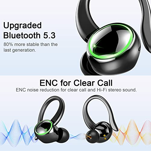 Wireless Earbuds, Bluetooth 5.3 Headphones Stereo Bass, 48H Playtime Earphones with LED Power Display, Over-Ear Buds with Earhooks Built-in Mic, IP7 Waterproof Headset for Sport Running Workout