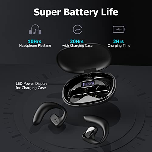 Open Ear Headphones,True Wireless Bluetooth Earbuds with Earhooks,30Hrs Playtime with Charging Case and LED Power Display,Sport Workout Earbuds Built in Mic Waterproof Bass Sound Headset