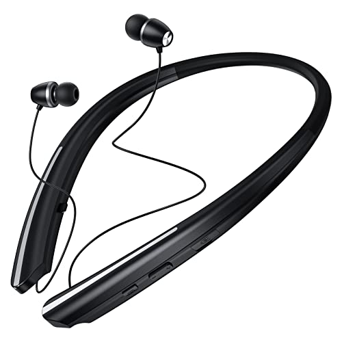 Neckband Bluetooth Headphones, Wireless Neckband Headset Retractable with Sweatproof Stereo Earbuds Call Vibrate Alert Earphones with Mic Compatible with iPhone, Android, iPad, Samsung (Silver Black)