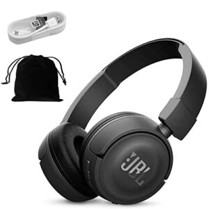 jbl t450bt wireless on-ear headphones with built-in remote and microphone, includes bonus extended 5ft charging cable and velvet storage pouch – black