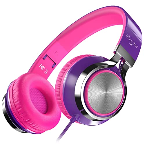 ELECDER i39 Headphones with Microphone Foldable Lightweight Adjustable On Ear Headsets with 3.5mm Jack for Cellphones Computer MP3/4 Kindle School Purple/Pink