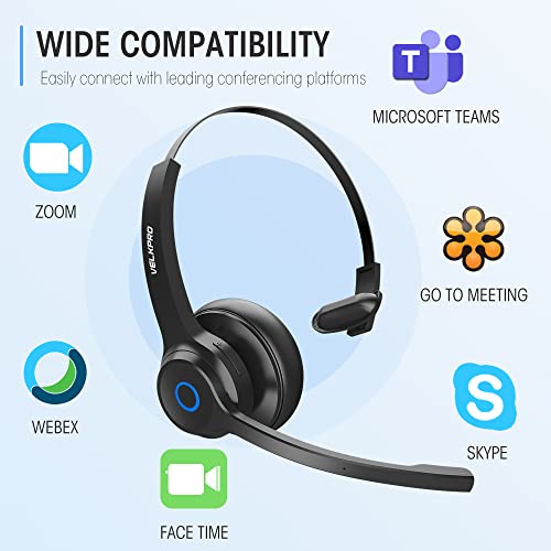 VELKPRO Wireless Headset with Microphone for PC, Truck Driver Bluetooth Headphones, Hands Free Single On Ear Headphone with Adjustable Headband, Communication Accessories for Office, Call Center Work