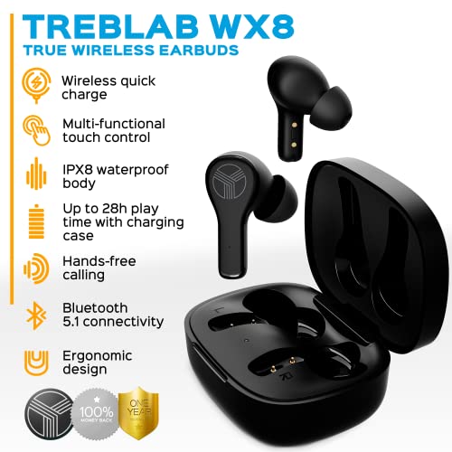 TREBLAB WX8 - True Wireless Earbuds, IPX8 Waterproof Earbuds with up 28H of Play Time, Bluetooth 5.1, Touch Control and Noise Isolation, Includes Charging Case w/Wireless Charging, USB-C Port, Black