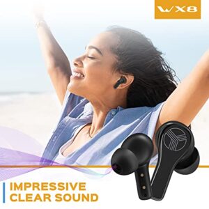 TREBLAB WX8 - True Wireless Earbuds, IPX8 Waterproof Earbuds with up 28H of Play Time, Bluetooth 5.1, Touch Control and Noise Isolation, Includes Charging Case w/Wireless Charging, USB-C Port, Black