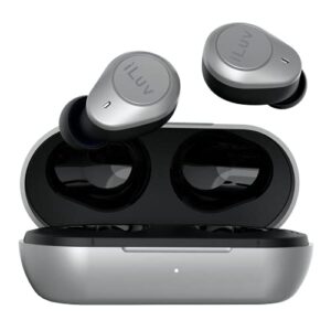 iluv tb200 space gray true wireless earbuds cordless in-ear bluetooth 5.0 with hands-free call microphone, ipx6 waterproof protection, high-fidelity sound; includes compact charging case & 4 ear tips