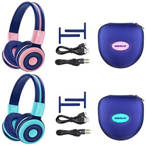 2 pack of simolio wireless bluetooth headphones for kids with 75db,85db,94db volume limit, kids headphone with mic & hard case, children headphones with share jack for girls boys,toddlers (pink+mint)