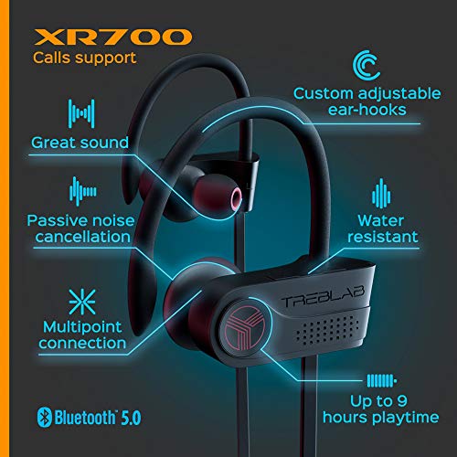 TREBLAB XR700 - Wireless Running Earbuds - Top Sports Headphones, Custom Adjustable Earhooks, Bluetooth 5.0 IPX7 Waterproof,Rugged Workout Earphones, Noise Cancelling Microphone in-Ear Headset