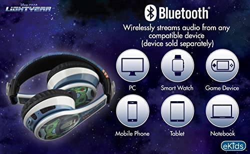 Disney Pixar Lightyear Kids Bluetooth Headphones, Wireless Headphones with Microphone Includes Aux Cord, Volume Reduced Kids Foldable Headphones for School, Home, or Travel