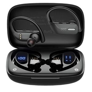 occiam wireless earbuds bluetooth headphones 48hrs playback sport earphones with led display over ear earbuds with ear hook built-in mic headset for workout black