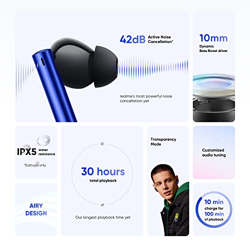 realme Buds Air 3 Wireless Earbuds, Active Noise Cancellation, 10mm Dynamic Bass Boost Driver, Up to 30 Hours Playtime, IPX5 Water Resistance