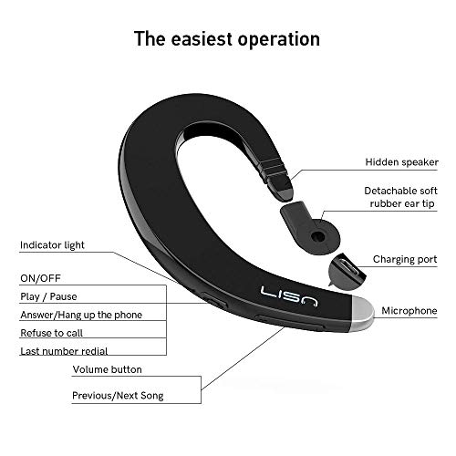 LISN Ear-Hook Bluetooth Headphone, Wireless Single Ear Bluetooth Headset with Mic, Ultra-Light Painless Bluetooth Earpiece 8-10 Hrs Playtime for Cell Phone (Black)