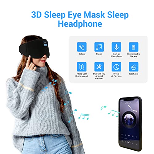 Bluetooth 3D Eye Mask for Sleeping, Sleep Mask with Wireless Headphones Wireless Music Sleeping Eye Mask Washable Earbuds for Side Sleeper, Air Travel, Office Nap, Meditation (Black)