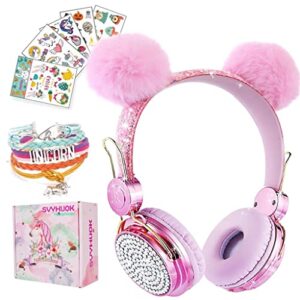 svyhuok unicorn kids bluetooth headphones for girls, wireless headset with microphone for teens, safe volume limited 85db pom cat ear over-ear hd with mic for school/tablet/birthday xmas gift