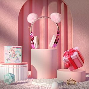 SVYHUOK Unicorn Kids Bluetooth Headphones for Girls, Wireless Headset with Microphone for Teens, Safe Volume Limited 85db POM Cat Ear Over-Ear HD with Mic for School/Tablet/Birthday Xmas Gift