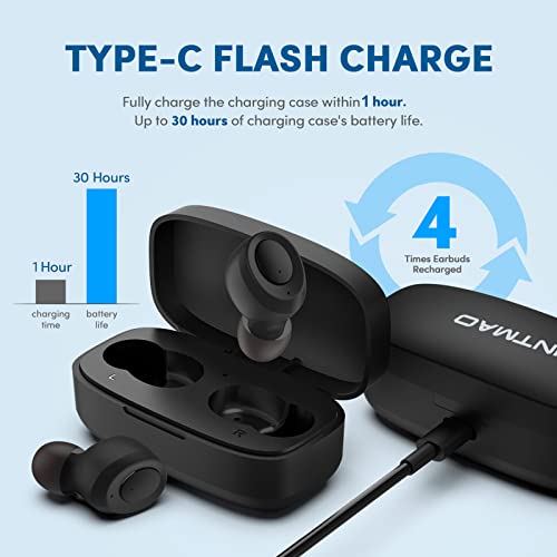 Hntmao True Wireless Earbuds, IPX6 Waterproof Bluetooth Earbuds, 30H Cyclic Playtime Headphones with Charging Case and mic for iPhone Android, in-Ear Stereo Earphones Headset for Sport Black