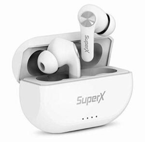 superx bluetooth 5.0 wireless earbuds with charging case ipx5 sweatproof headset/headphones in ear built in mic industrial leading tws sound with sport pumping bass – platinum silver