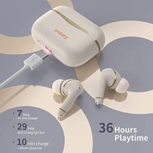 INSMY Wireless Earbuds, Hybrid Active Noise Cancelling Earphones 6 Mics for Clear Calls Authentic Audio Big Bass, 36H Playtime Bluetooth in-Ear Headphones ANC/Ambient Mode Upgraded (Oat White)