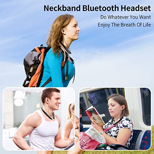 Neckband Bluetooth Headphones, Retractable Earbuds Wireless Headset Sports Noise Cancelling Stereo Earphones with Microphone Compatible with iPhone, Android, Samsung, iPad, PC (Black)