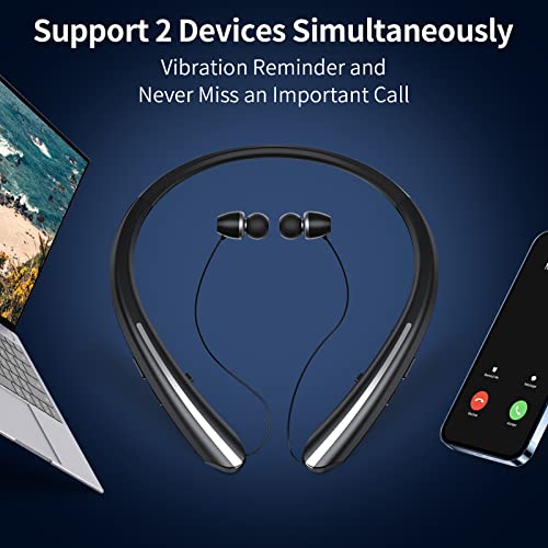 Neckband Bluetooth Headphones, Retractable Earbuds Wireless Headset Sports Noise Cancelling Stereo Earphones with Microphone Compatible with iPhone, Android, Samsung, iPad, PC (Black)