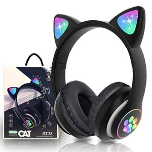 kerhand bluetooth headphones for kids, cute ear cat ear led light up foldable headphones stereo over ear with microphone/tf card wireless headphone for iphone/ipad/smartphone/laptop/pc/tv (black)
