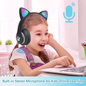 KERHAND Bluetooth Headphones for Kids, Cute Ear Cat Ear LED Light Up Foldable Headphones Stereo Over Ear with Microphone/TF Card Wireless Headphone for iPhone/iPad/Smartphone/Laptop/PC/TV (Black)