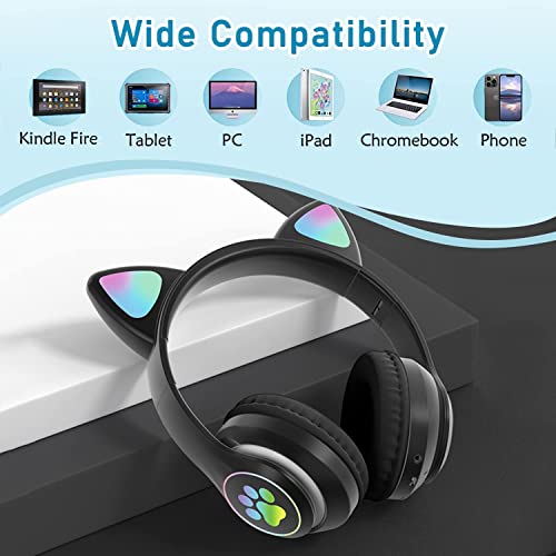 KERHAND Bluetooth Headphones for Kids, Cute Ear Cat Ear LED Light Up Foldable Headphones Stereo Over Ear with Microphone/TF Card Wireless Headphone for iPhone/iPad/Smartphone/Laptop/PC/TV (Black)