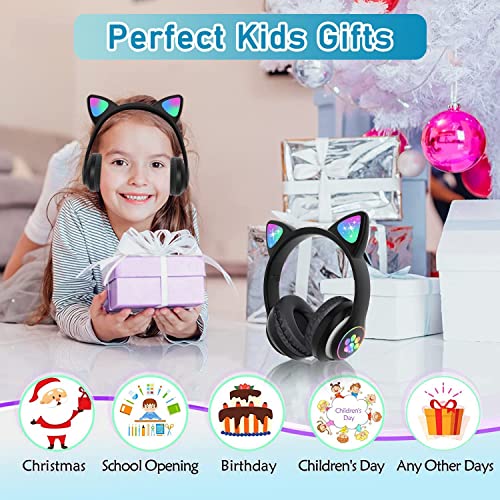 KERHAND Bluetooth Headphones for Kids, Cute Ear Cat Ear LED Light Up Foldable Headphones Stereo Over Ear with Microphone/TF Card Wireless Headphone for iPhone/iPad/Smartphone/Laptop/PC/TV (Black)