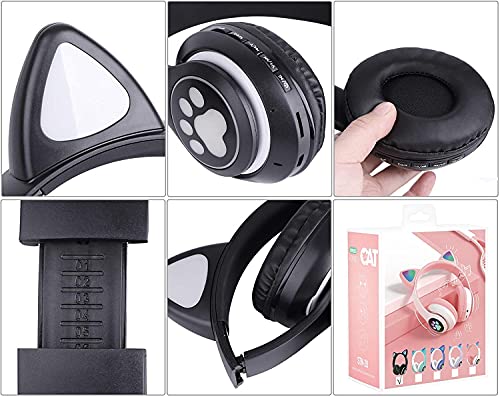 KERHAND Bluetooth Headphones for Kids, Cute Ear Cat Ear LED Light Up Foldable Headphones Stereo Over Ear with Microphone/TF Card Wireless Headphone for iPhone/iPad/Smartphone/Laptop/PC/TV (Black)