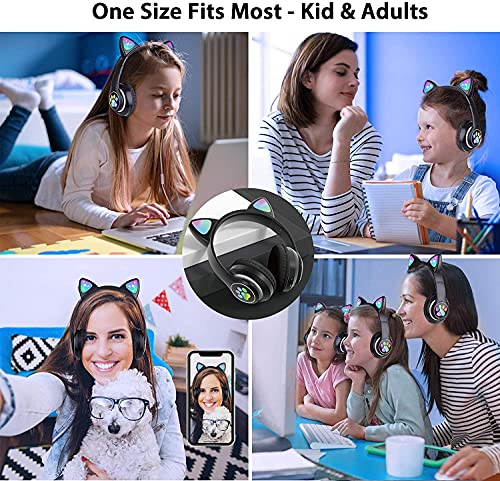 KERHAND Bluetooth Headphones for Kids, Cute Ear Cat Ear LED Light Up Foldable Headphones Stereo Over Ear with Microphone/TF Card Wireless Headphone for iPhone/iPad/Smartphone/Laptop/PC/TV (Black)