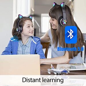 KERHAND Bluetooth Headphones for Kids, Cute Ear Cat Ear LED Light Up Foldable Headphones Stereo Over Ear with Microphone/TF Card Wireless Headphone for iPhone/iPad/Smartphone/Laptop/PC/TV (Black)