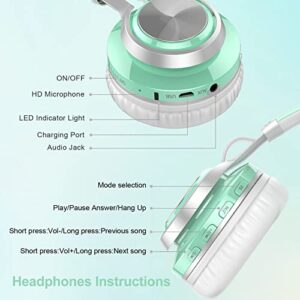 BASEMAN Wireless Headphones Over Ear, Long Battery Life Deep Bass Bluetooth Headphones with Microphone Wireless and Wired Headset for Computer iPhone Teens Girls Women School Travel - Green