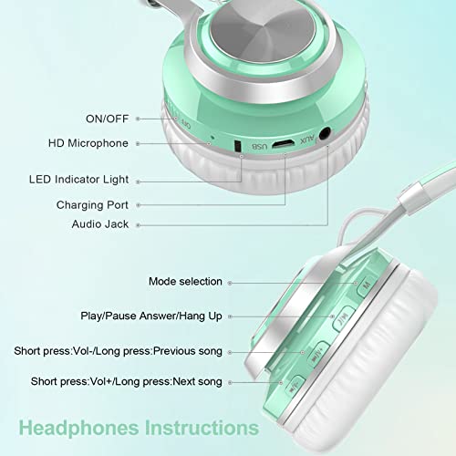 BASEMAN Wireless Headphones Over Ear, Long Battery Life Deep Bass Bluetooth Headphones with Microphone Wireless and Wired Headset for Computer iPhone Teens Girls Women School Travel - Green