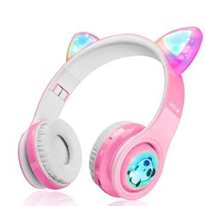 girls wireless headphones, led flashing lights, music sharing function, stereo sound, sd card slot and build-in mic wireless/wired children bluetooth headphones for girls (pink)