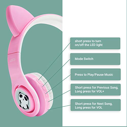 Girls Wireless Headphones, LED Flashing Lights, Music Sharing Function, Stereo Sound, SD Card Slot and Build-in Mic Wireless/Wired Children Bluetooth Headphones for Girls (Pink)