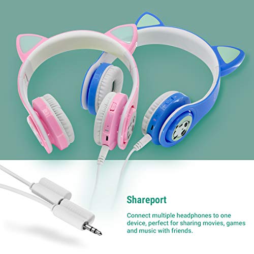 Girls Wireless Headphones, LED Flashing Lights, Music Sharing Function, Stereo Sound, SD Card Slot and Build-in Mic Wireless/Wired Children Bluetooth Headphones for Girls (Pink)