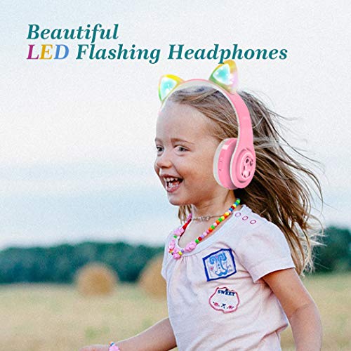 Girls Wireless Headphones, LED Flashing Lights, Music Sharing Function, Stereo Sound, SD Card Slot and Build-in Mic Wireless/Wired Children Bluetooth Headphones for Girls (Pink)