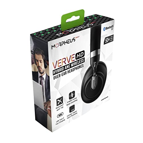 Morpheus 360 Verve HD Hybrid ANC Wireless Noise Cancelling Headphones HP9750HD, Premium ANC Headphones Over Ear with Comfortable Soft Protein Leather Memory Foam Padding, Headphone with Microphone