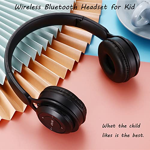 Kids Bluetooth Headphones, On-Ear Wireless Bluetooth 5.0 Headsets, Comfortable Protein Earpad & Folding Storage, Stereo Shock Bass Headphones with Mic for Learning Online Lessons Music Game (Black)